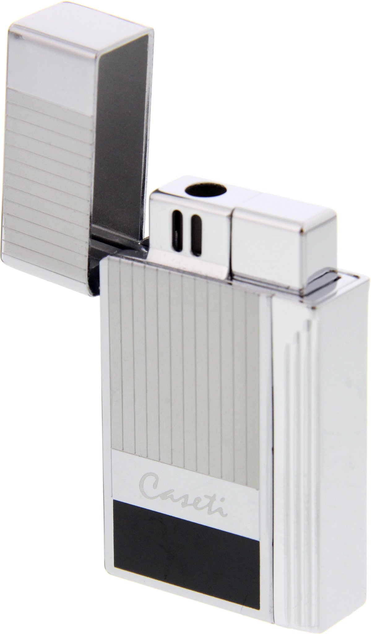 Caseti Paris Jetflame Feuerzeug Soleil chrom-schwarz (281430) offen