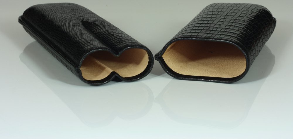 Martin Wess Premium Lederetui - Eidechse (Lizard) Black 3er Corona (593) offen