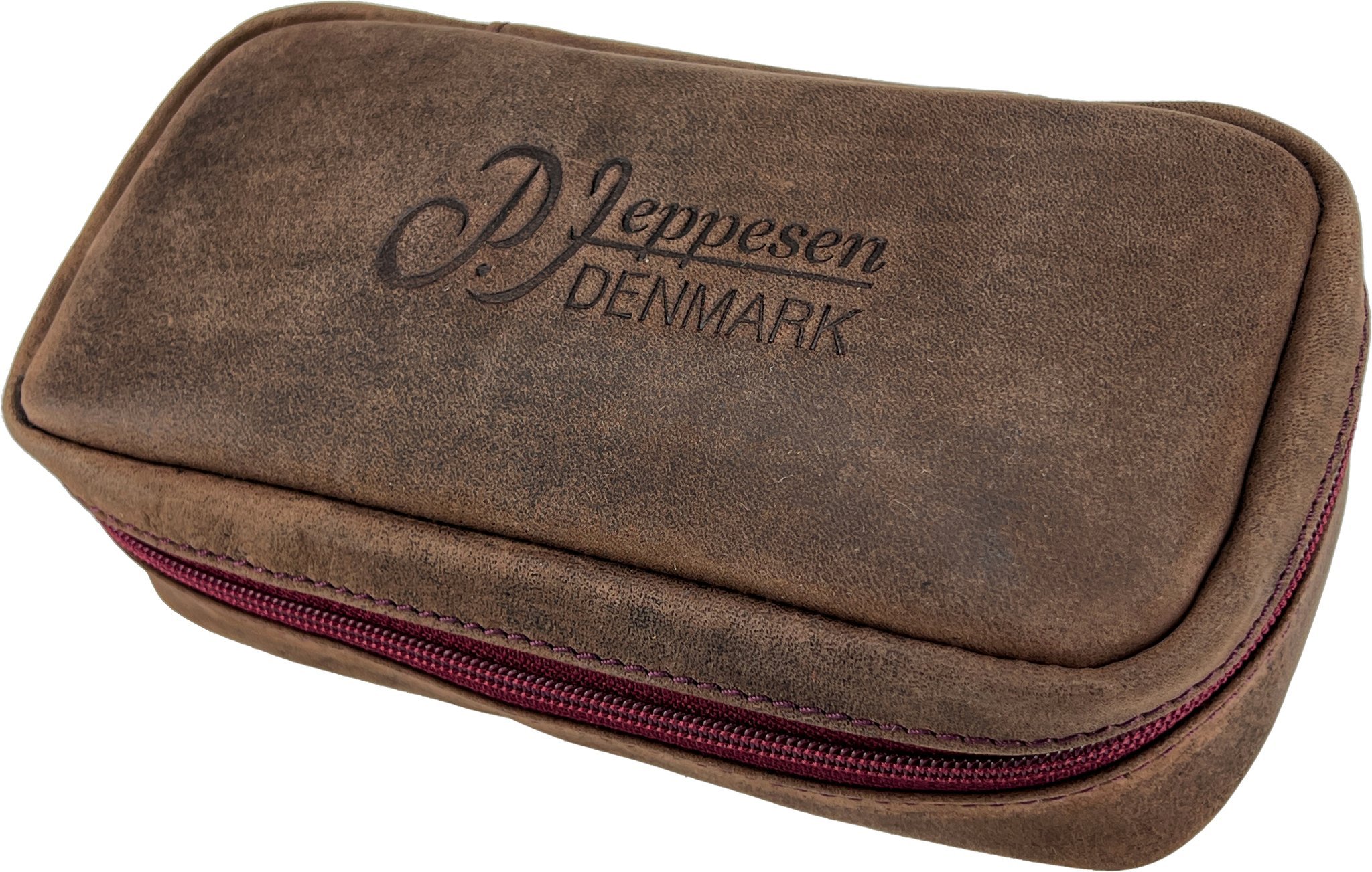 Peder Jeppesen Pfeifentasche Leder dunkelbraun mit rotem Reißverschluss