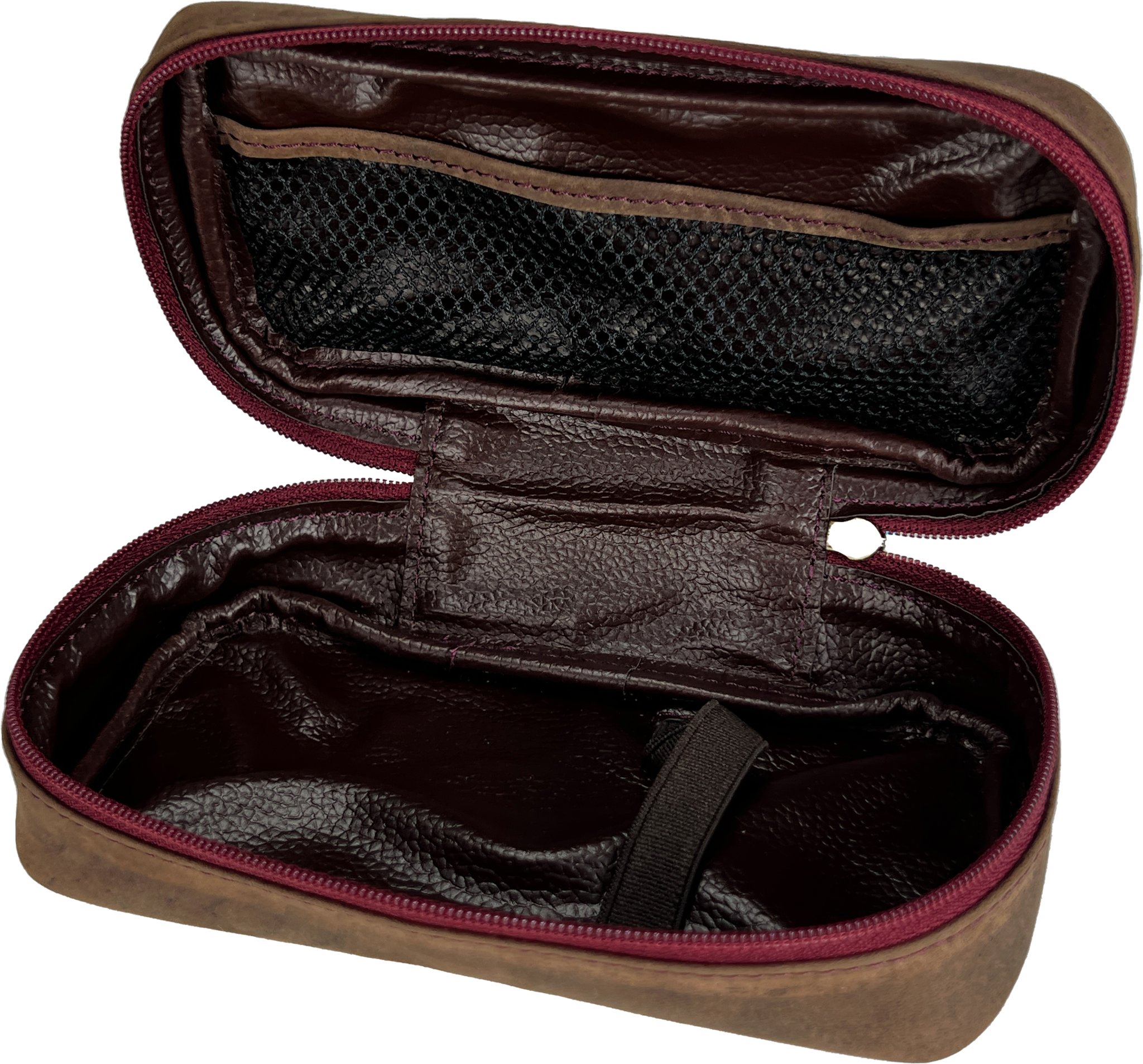 Peder Jeppesen Pfeifentasche Leder dunkelbraun mit rotem Reißverschluss offen