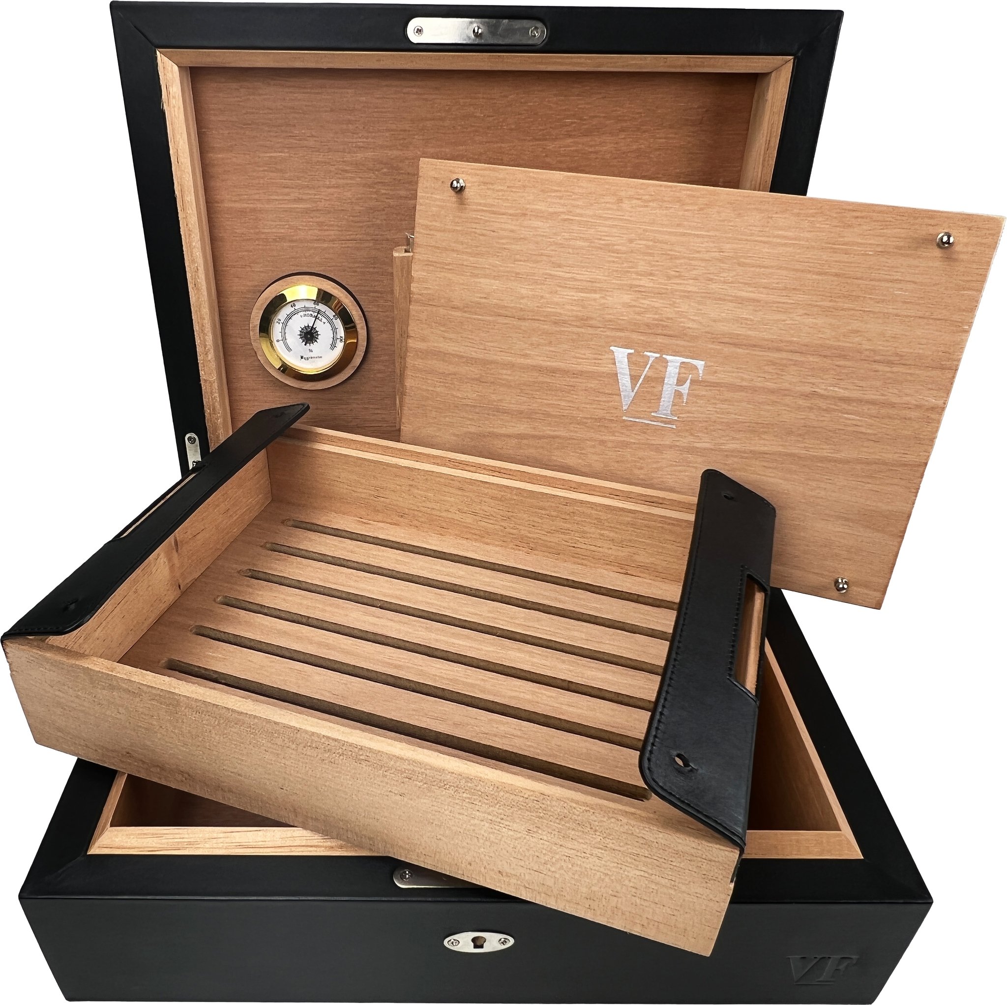 VegaFina Humidor schwarz Leder Detail