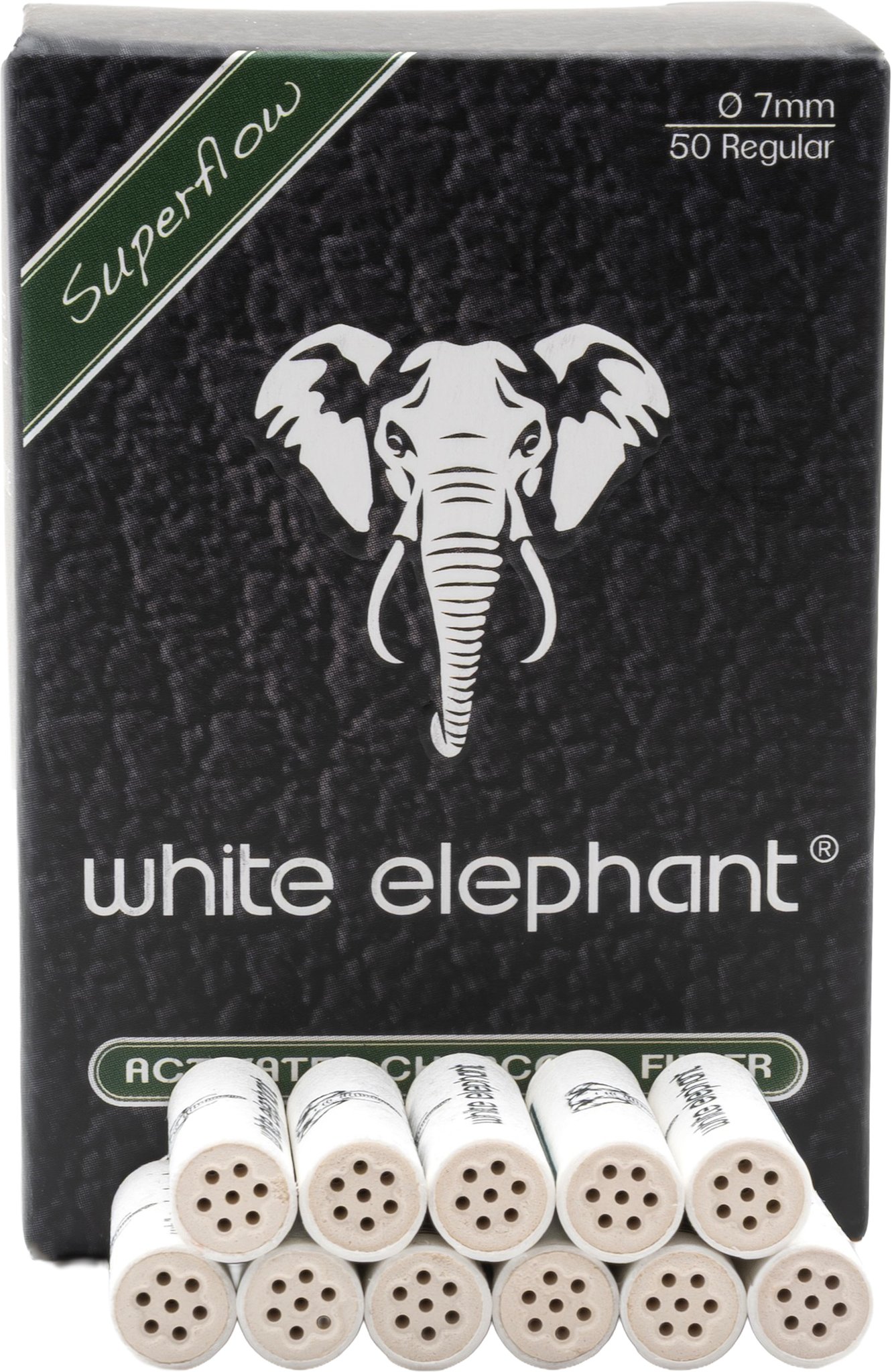 White Elephant Filter 7mm AKTIVKOHLE-Filter Superflow_frontal offen